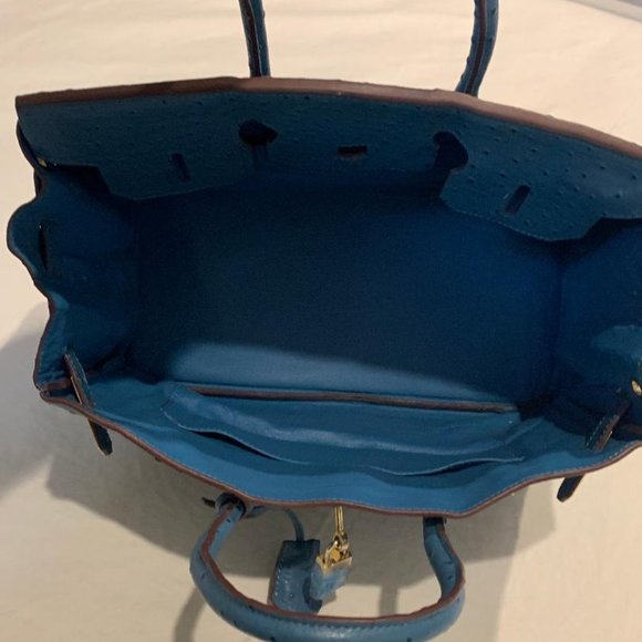 House of Hello Blue Ostrich Mini 20 CM Bag Lock & Key Handbag - Picture 5 of 12